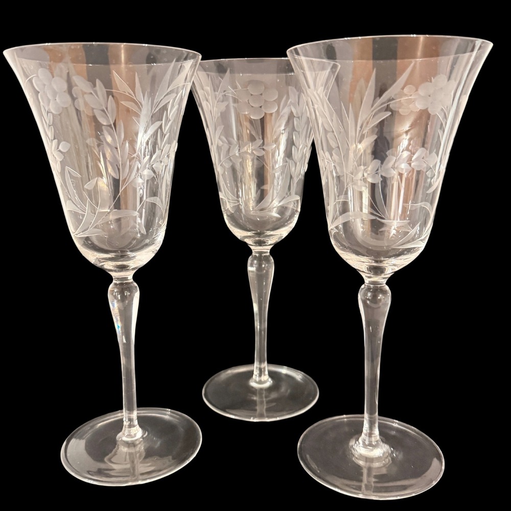 Set of 3 Vintage Gray Cut Floral Wheat Crystal Wine Glasses Long Stem 7.75in